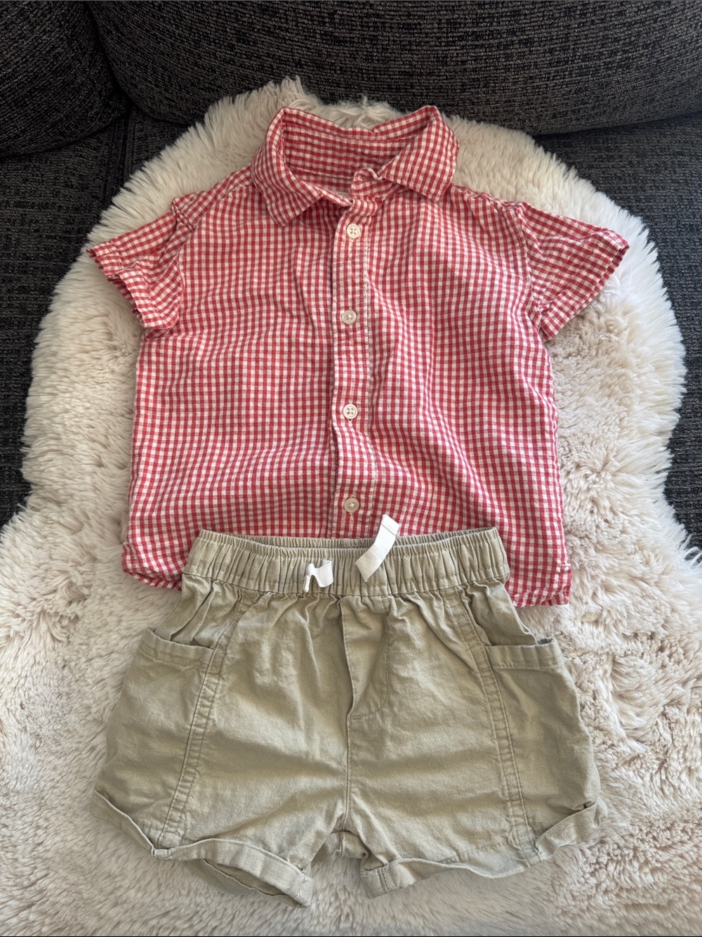 Carters Little Planet 18mos Toddler Red Gingham Shirt and Tan Shorts Set